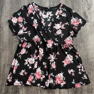 Torrid Black Floral Wrap Tunic with Pink Rose Pattern